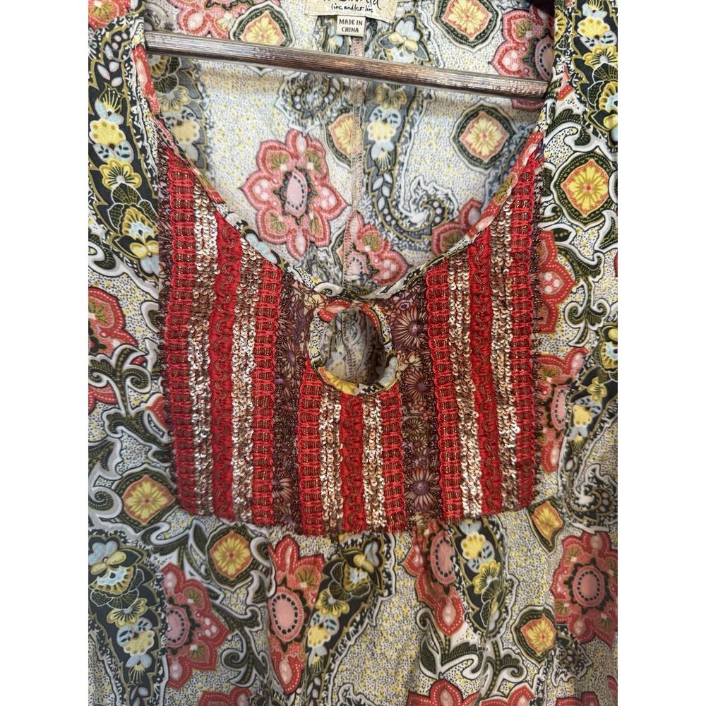One World Women's Top Floral, Beaded, Boho - Medium, Smocked Bottom Y2K - Picture 3 of 9